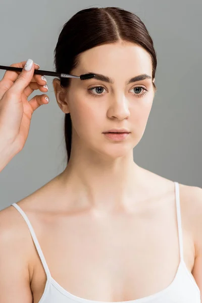 Cropped View Makeup Artist Styling Eyebrow Attractive Girl Isolated Grey — Stock Photo, Image