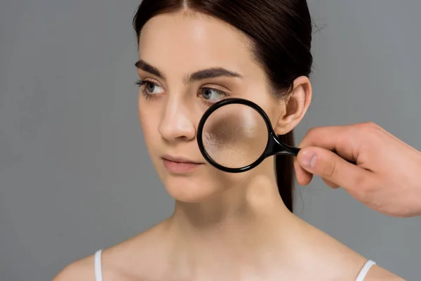 Cropped View Man Holding Magnifier Glass Woman Problem Skin Isolated — Stock Photo, Image