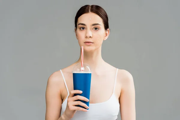 Young Brunette Woman Problem Skin Holding Plastic Cup Isolated Grey — Stock Photo, Image