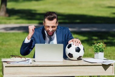 dizüstü bilgisayar, saksı ve gözlük ile masada oturan genç işadamı, futbol izlerken, takım tezahürat ve futbol topu tutan
