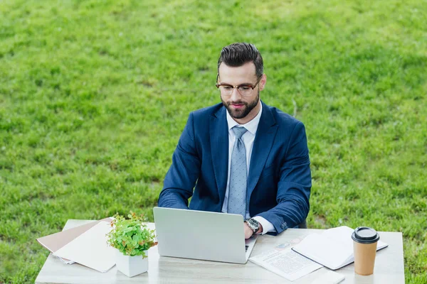 young businessman in formal wear using laptop while sitting in park behind white office table
