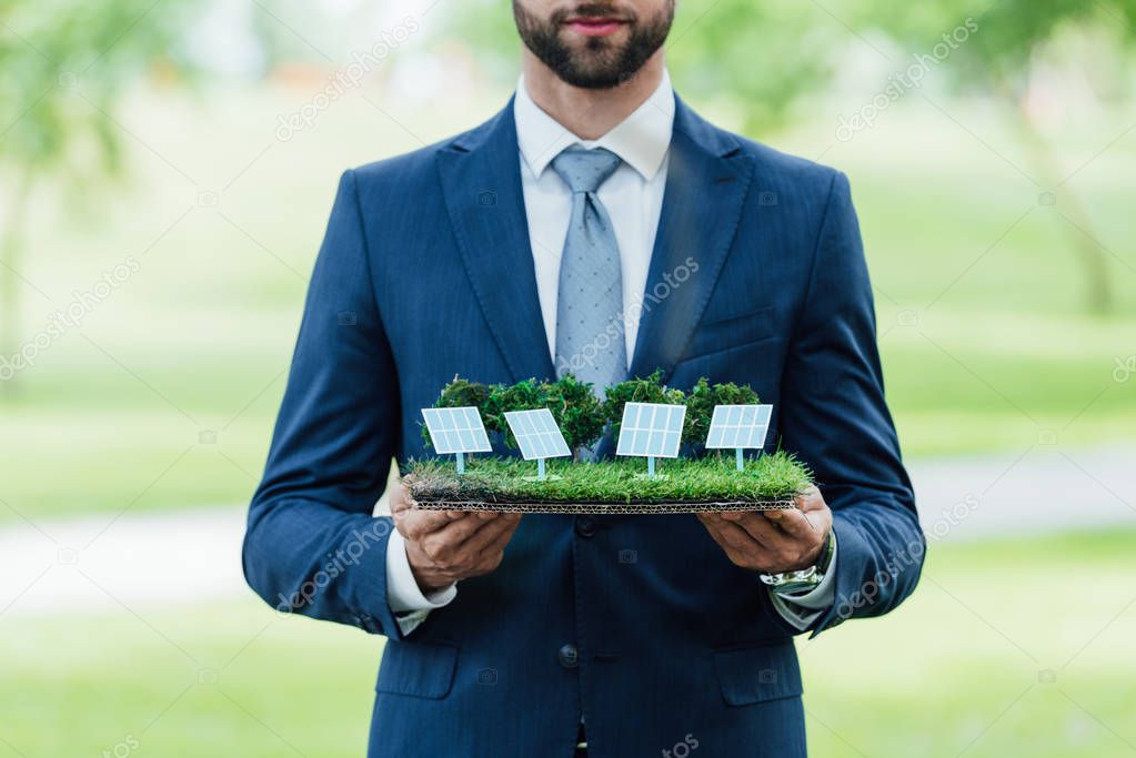 cropped view of young businessman holding park layout with sun batteries while standing in park