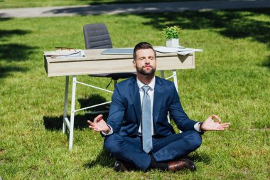 çim en oturan ve parkta masa yakınında meditasyon işadamı 
