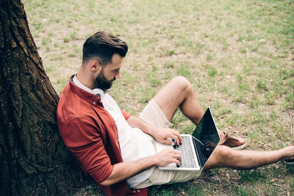 Side View Young Man Sitting Grass Tree Using Laptop — Stock Photo, Image