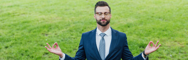 panoramic shot of young man meditating while standing in park