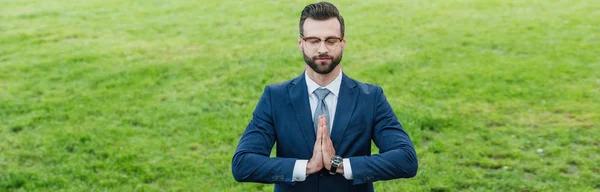 Parkta Dururken Kapalı Gözlerle Meditasyon Genç Adamın Panoramik Çekim — Stok fotoğraf