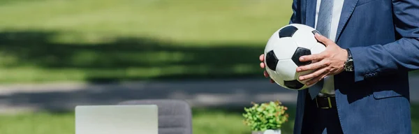 Panoramic Shot Businessman Holding Soccer Ball Park Table Laptop — Stock Photo, Image