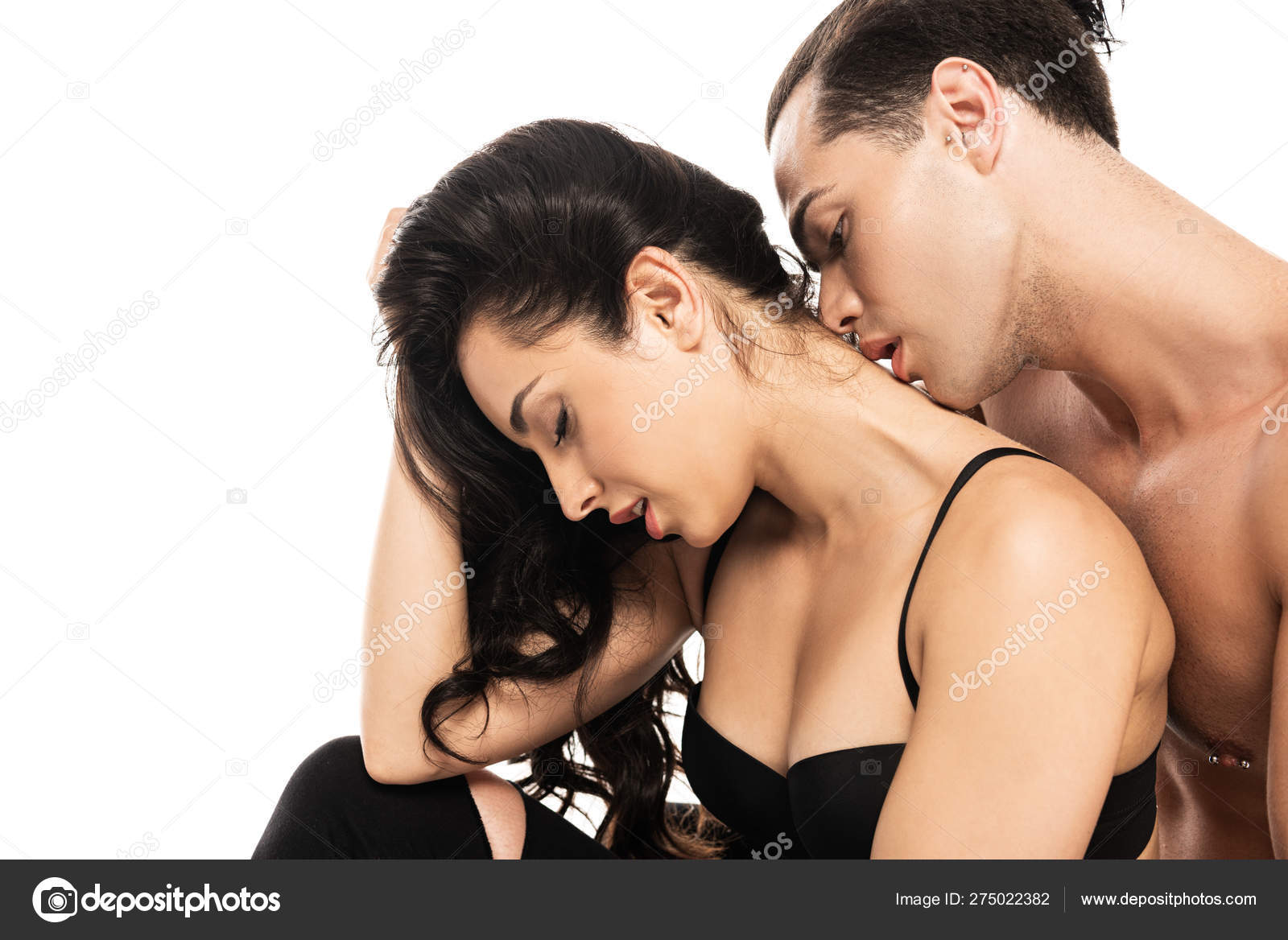 Shirtless Young Man Nipple Piercing Kissing Girlfriend Isolated White —  Stock Photo © IgorVetushko 275022382