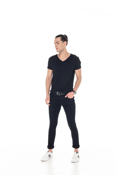 Full Length View Brunette Young Man Black Clothes Hand Pocket — Stock Photo, Image