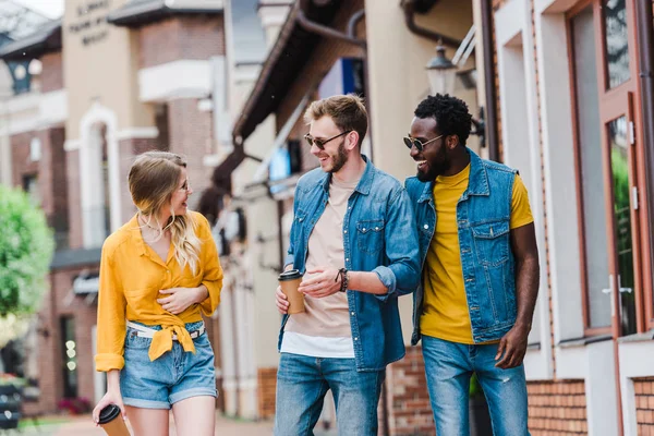 Happy Multicultural Men Looking Attractive Girl While Standing — Stock Photo, Image