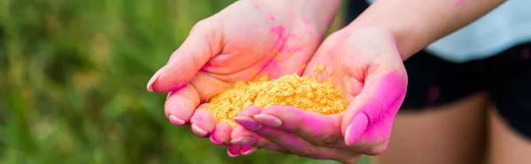 Panoramic Shot Young Woman Holding Yellow Powder Hands — Stock Photo, Image