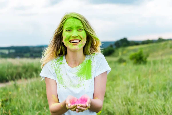 Cheerful Woman Green Holi Paint Face Standing Cupped Hands Smiling — Stock Photo, Image