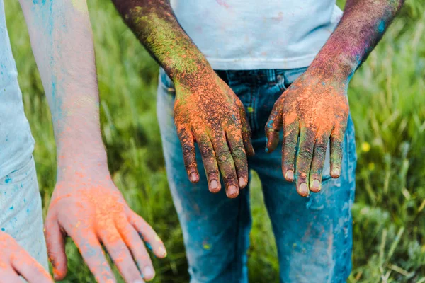 Cropped View African American Man Woman Holi Paints Hands — Stock Photo, Image
