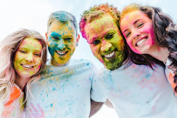 Bottom View Happy Multicultural Friends Colorful Holi Paints Faces — Stock Photo, Image