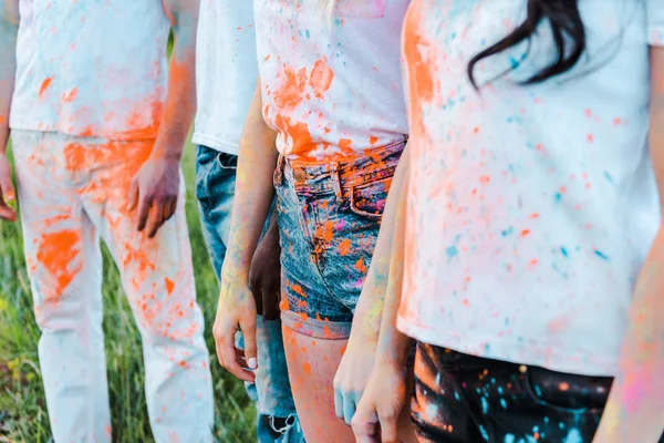 Cropped View Woman Standing Multicultural Friends Holi Paints White Shirts — Stock Photo, Image
