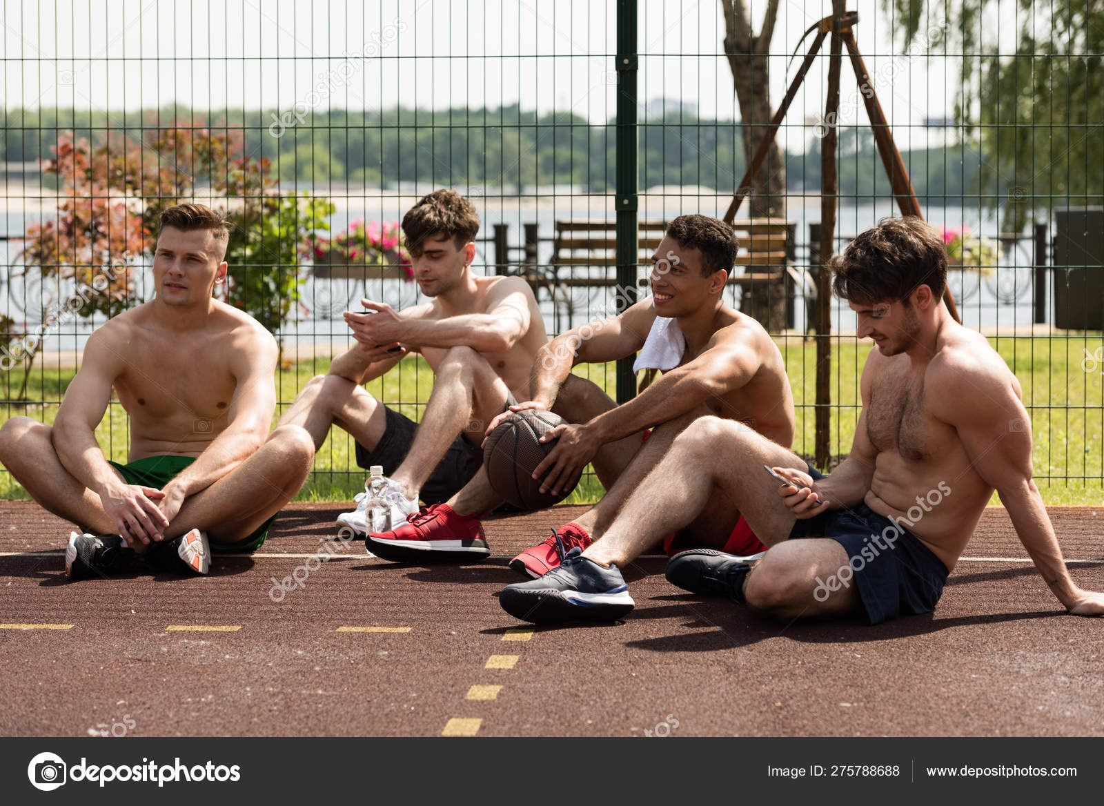 Four Shirtless Basketball Players Ball Sitting Basketball Court Sunny Day Stock Photo Image By C Igorvetushko 275788688