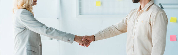panoramic shot of recruiter and employee shaking hands in office 