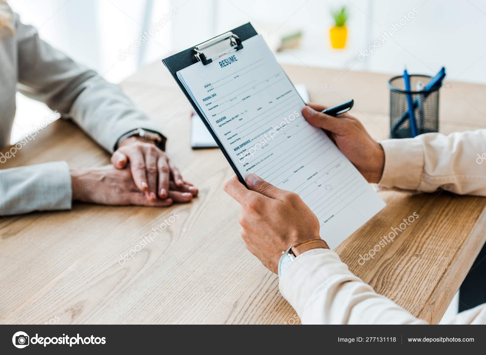 Cropped View Employee Holding Clipboard Resume Letters Recruiter Stock
