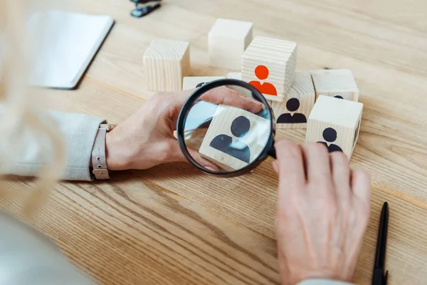 Cropped View Recruiter Holding Magnifier Wooden Cube — Stock Photo, Image