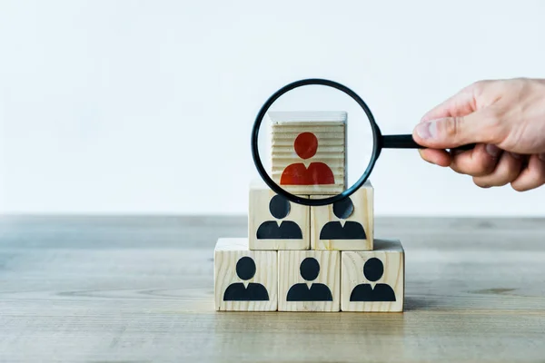 Cropped View Man Holding Magnifier Wooden Cubes Desk — Stock Photo, Image