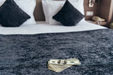 otel odasında yastık ile yatakta dolar banknotlar