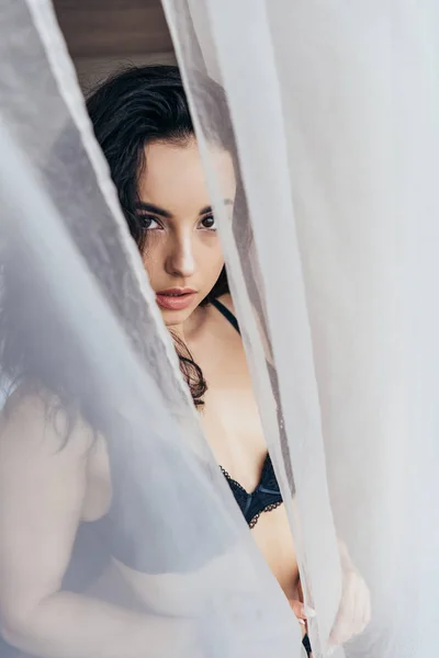 Selective Focus Sexy Young Woman Black Bra White Curtain — Stock Photo, Image