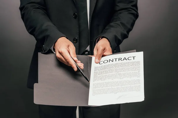 Partial View African American Businessman Showing Contract Dark Background — Stock Photo, Image