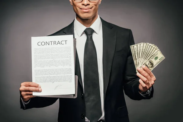 Cropped View Happy African American Businessman Showing Contract Holding Cash — Stock Photo, Image