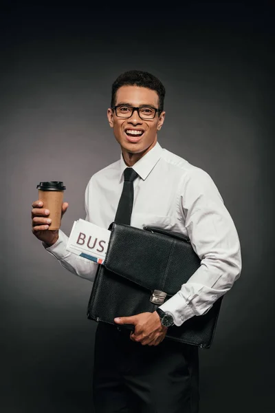 Happy African American Businessman Holding Newspaper Coffee Leather Briefcase Dark — Stock Photo, Image