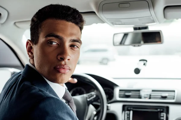 African American Businessman Suit Driving Car — Stock Photo, Image