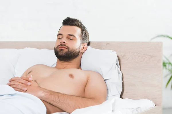 Handsome Man Sleeping Bed Morning — Stock Photo, Image