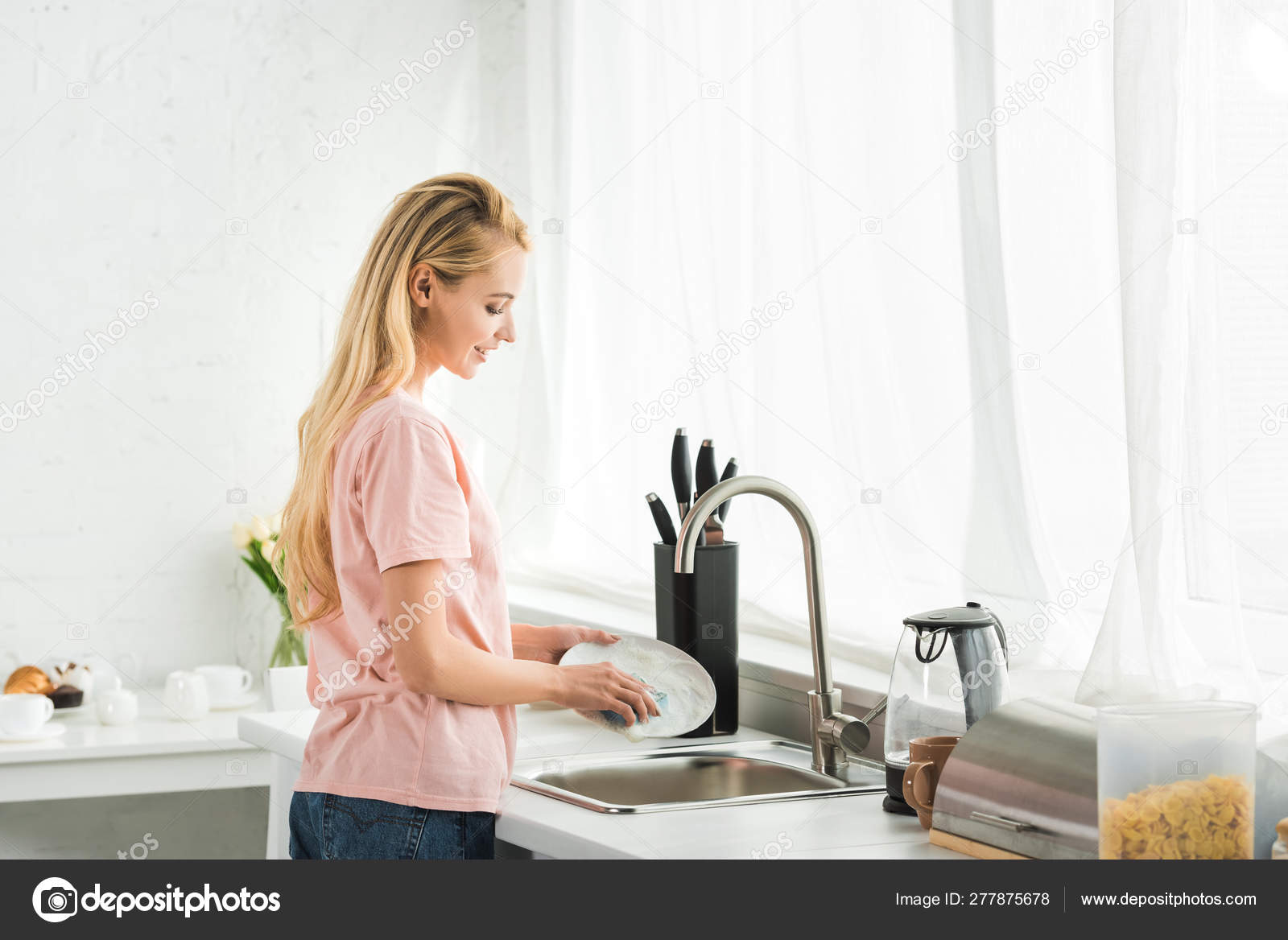 Beautiful Woman Washing Dishes Kitchen Morning Stock Photo Image By Igorvetushko 277875678