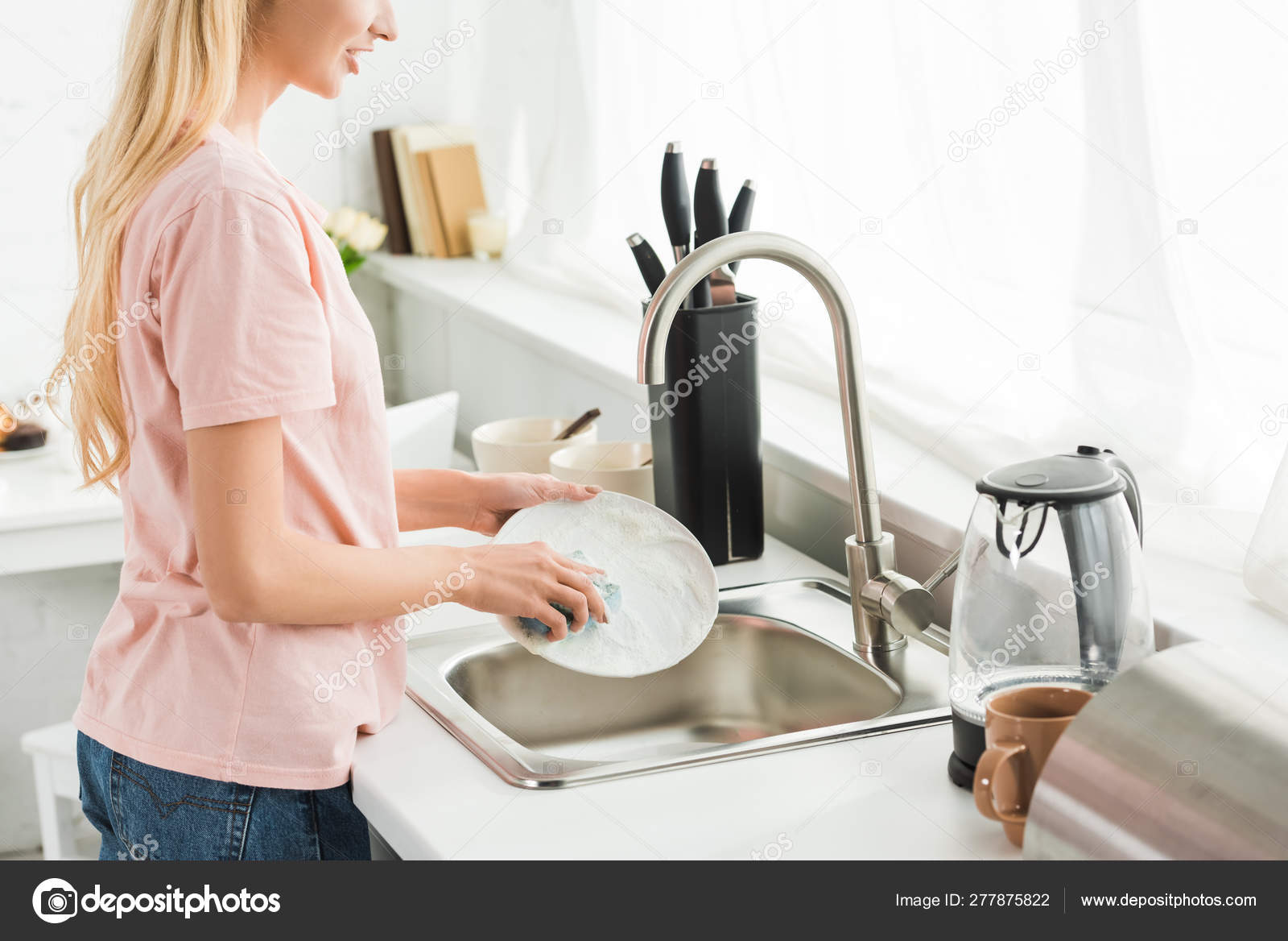 Cropped View Woman Washing Dishes Kitchen Morning Stock Photo Image By Igorvetushko 277875822