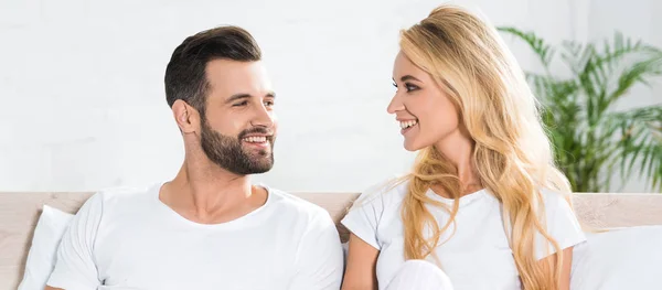 Panoramic Shot Beautiful Couple Pajamas Looking Each Other Bed Home — Stock Photo, Image