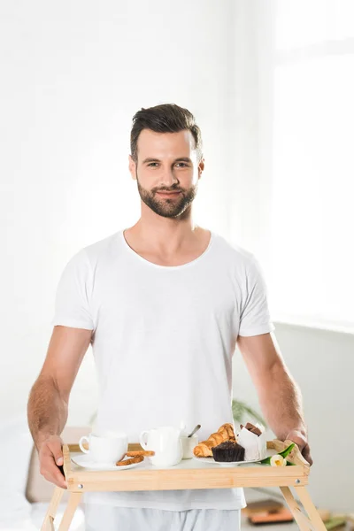 Handsome Man Holding Food Tray Breakfast Home — Stock Photo, Image