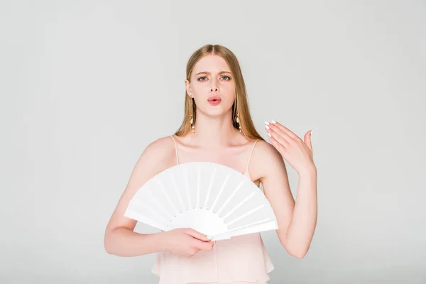 Beautiful Dissatisfied Young Woman Hand Fan Suffering Heat Grey — Stock Photo, Image