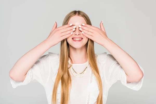 Happy Girl Covering Eyes Hands Isolated Grey — Stock Photo, Image