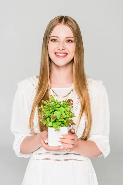 Schönes Mädchen Hält Blumentopf Mit Pflanze Isoliert Auf Grau — Stockfoto