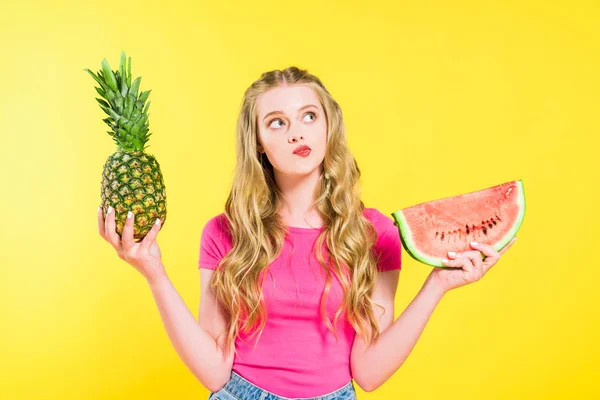 Confused Girl Watermelon Pineapple Isolated Yellow — Stock Photo, Image