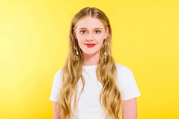 Beautiful Blonde Young Woman White Shirt Looking Camera Isolated Yellow — Stock Photo, Image