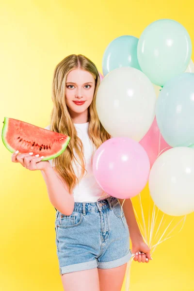 Hermosa Chica Con Globos Sandía Amarillo —  Fotos de Stock