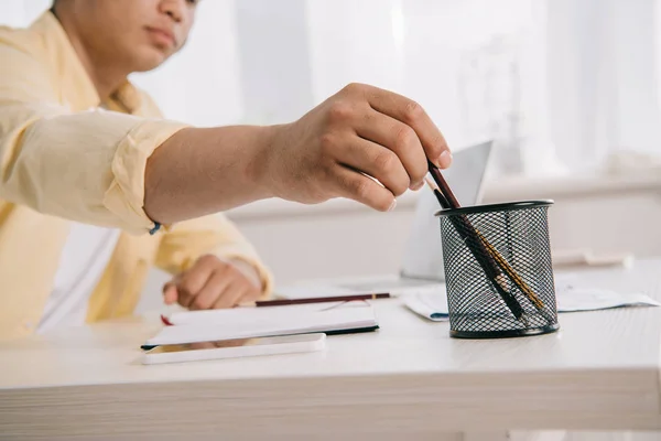 Cropped View Young Man Taking While Sitting Desk Home — Stock Photo, Image