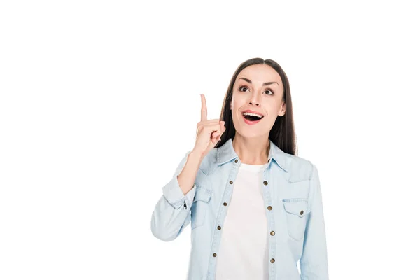 Excited Brunette Woman Showing Idea Gesture Isolated White — Stock Photo, Image