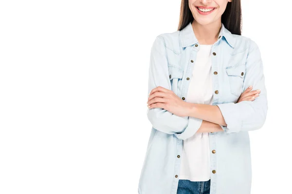 Cropped View Happy Brunette Woman Crossed Arms Isolated White — Stock Photo, Image
