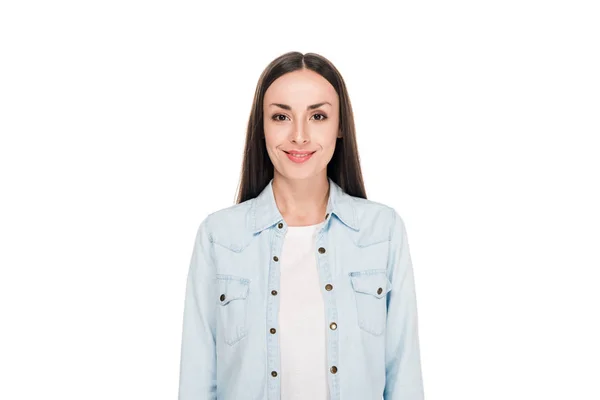 Smiling Brunette Young Woman Isolated White — Stock Photo, Image