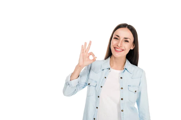 Happy Brunette Woman Showing Sign Isolated White — Stock Photo, Image