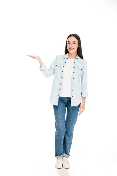 Full Length View Happy Brunette Woman Pointing Hand Isolated White — Stock Photo, Image