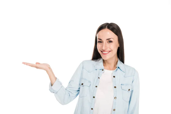 Happy Brunette Woman Pointing Hand Isolated White — Stock Photo, Image