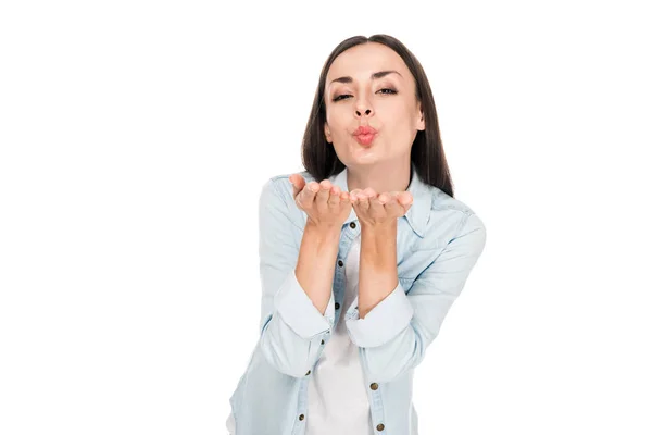 Attractive Brunette Young Woman Blowing Kiss Isolated White — Stock Photo, Image