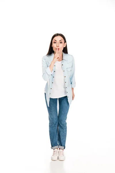 Full Length View Brunette Woman Showing Hush Sign Isolated White — Stock Photo, Image